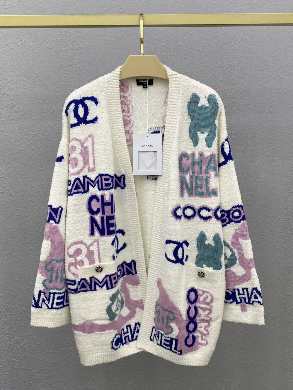 CHANEL with Pink & Blue Accents Knit Logo Graphic Cardigan Sweater